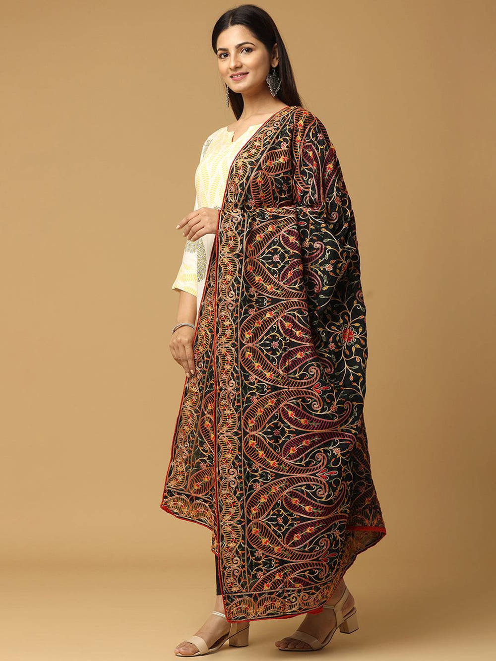 Black Deep Floral Rust Pashmina Dupatta