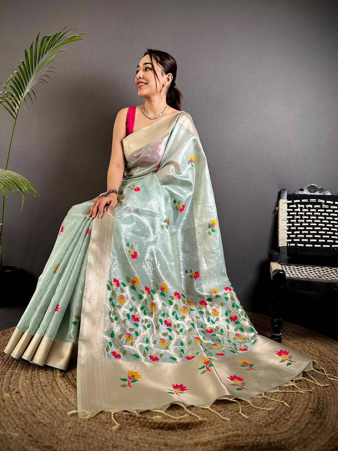 Mint Green Soft Organza Paithani Saree