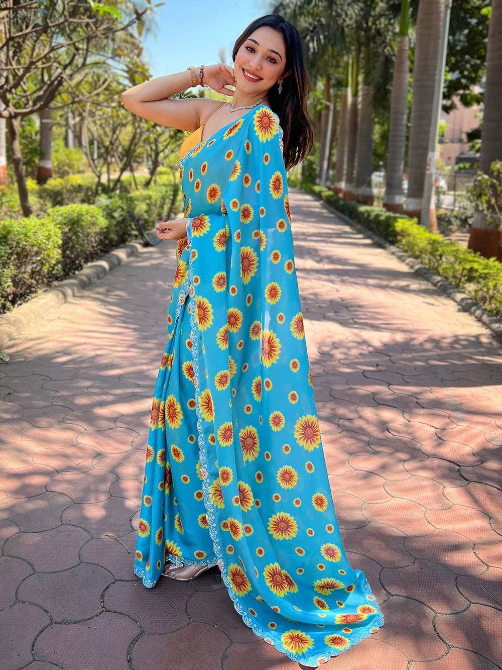 Blue Satin Georgette Floral Print Saree