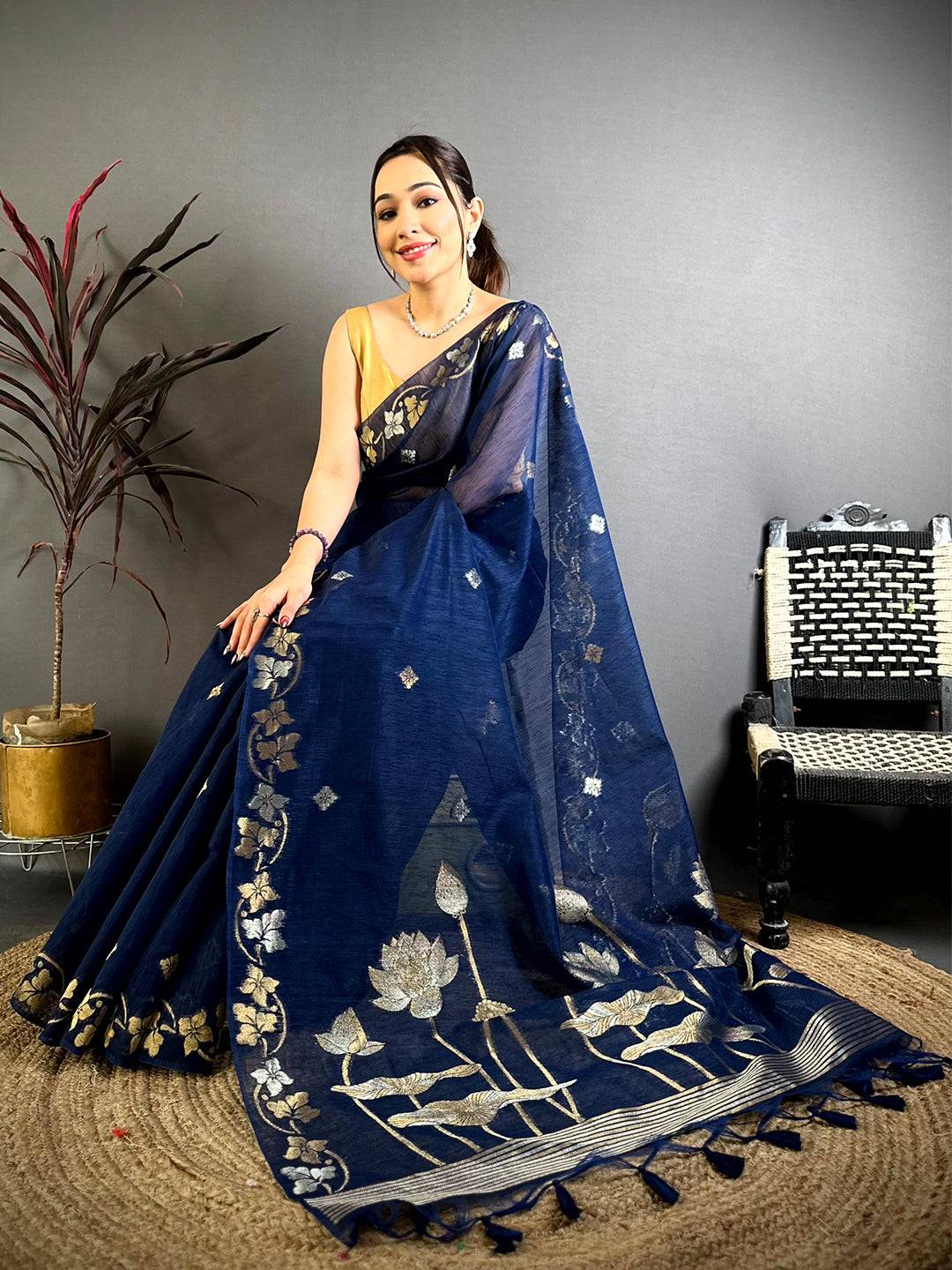 Navy Sona Chandi  Munga  Saree