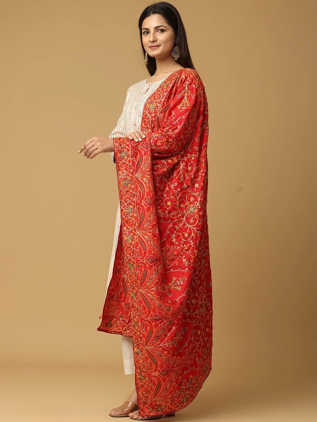 Bright Red Orange Dense Floral Pashmina Dupatta
