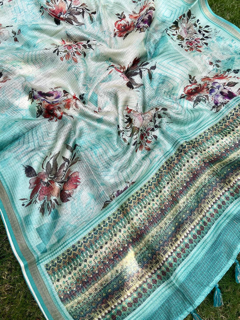 Traditional Turquoise Colour Soft Kota Doriya Silk Saree With Flower Print