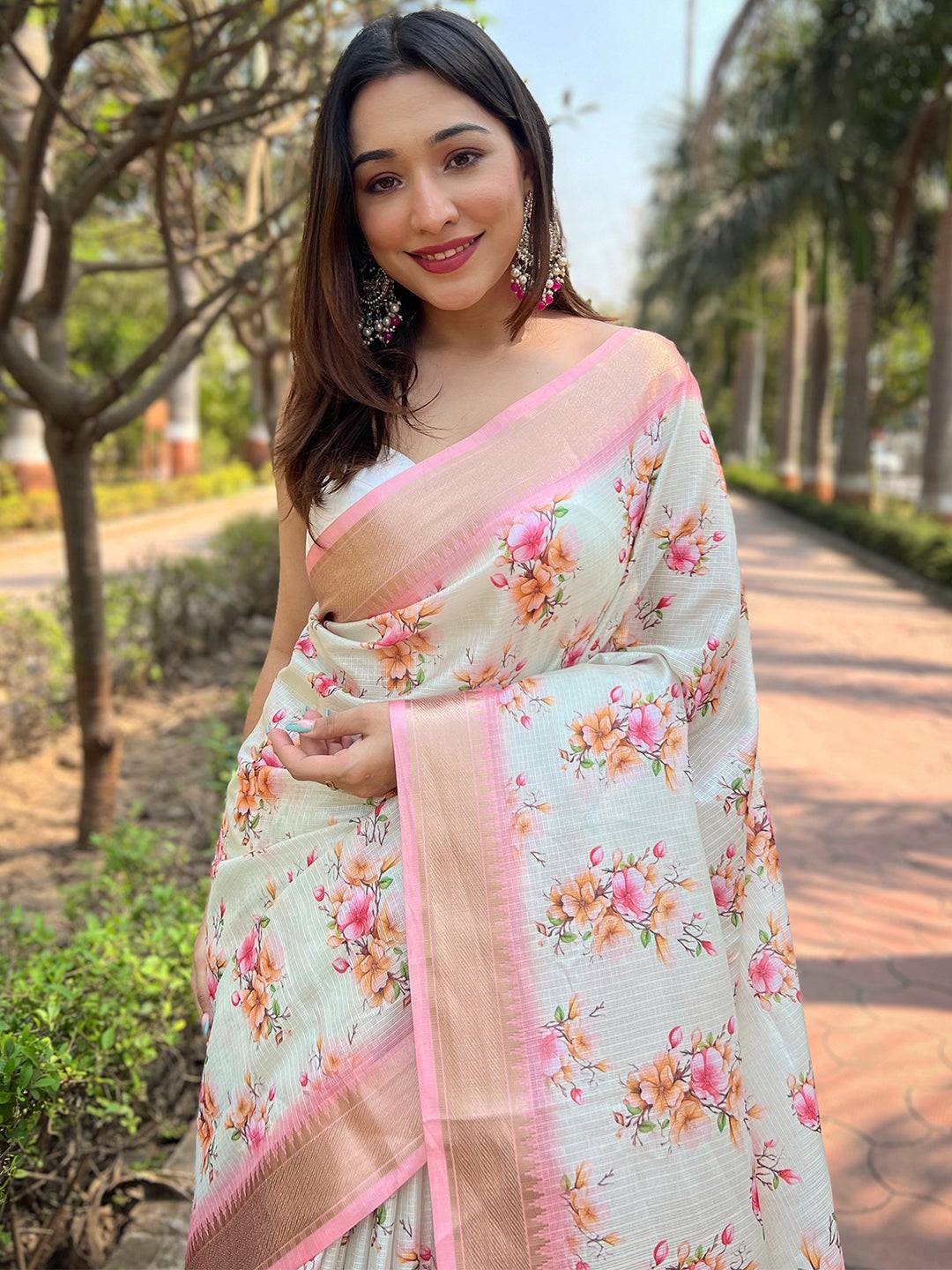 Light Peach Kota With Digital Floral Printed Saree