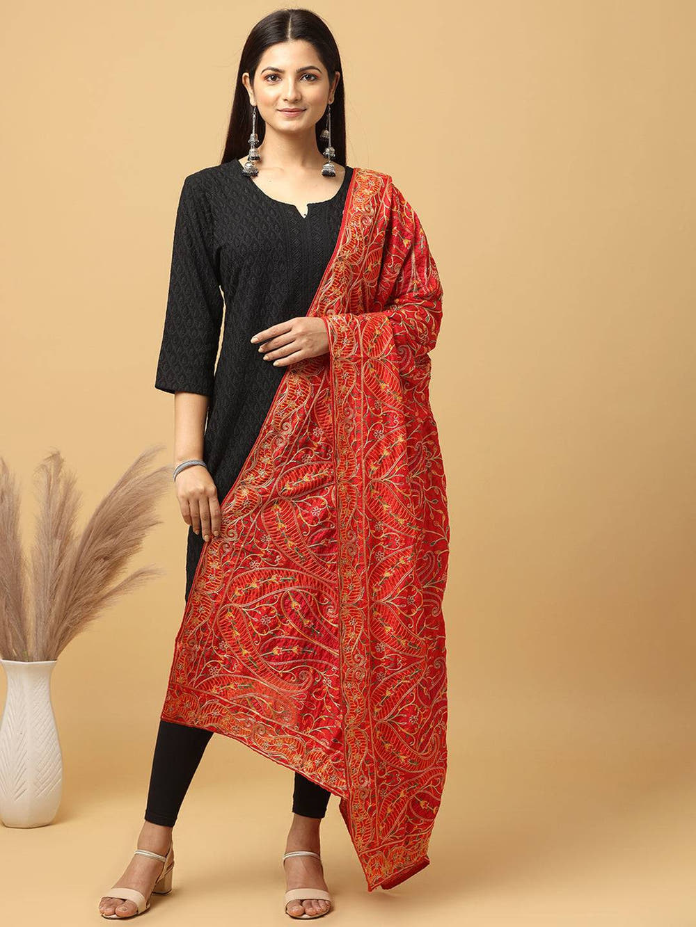Red Orange Paisley Jaal Pashmina Dupatta