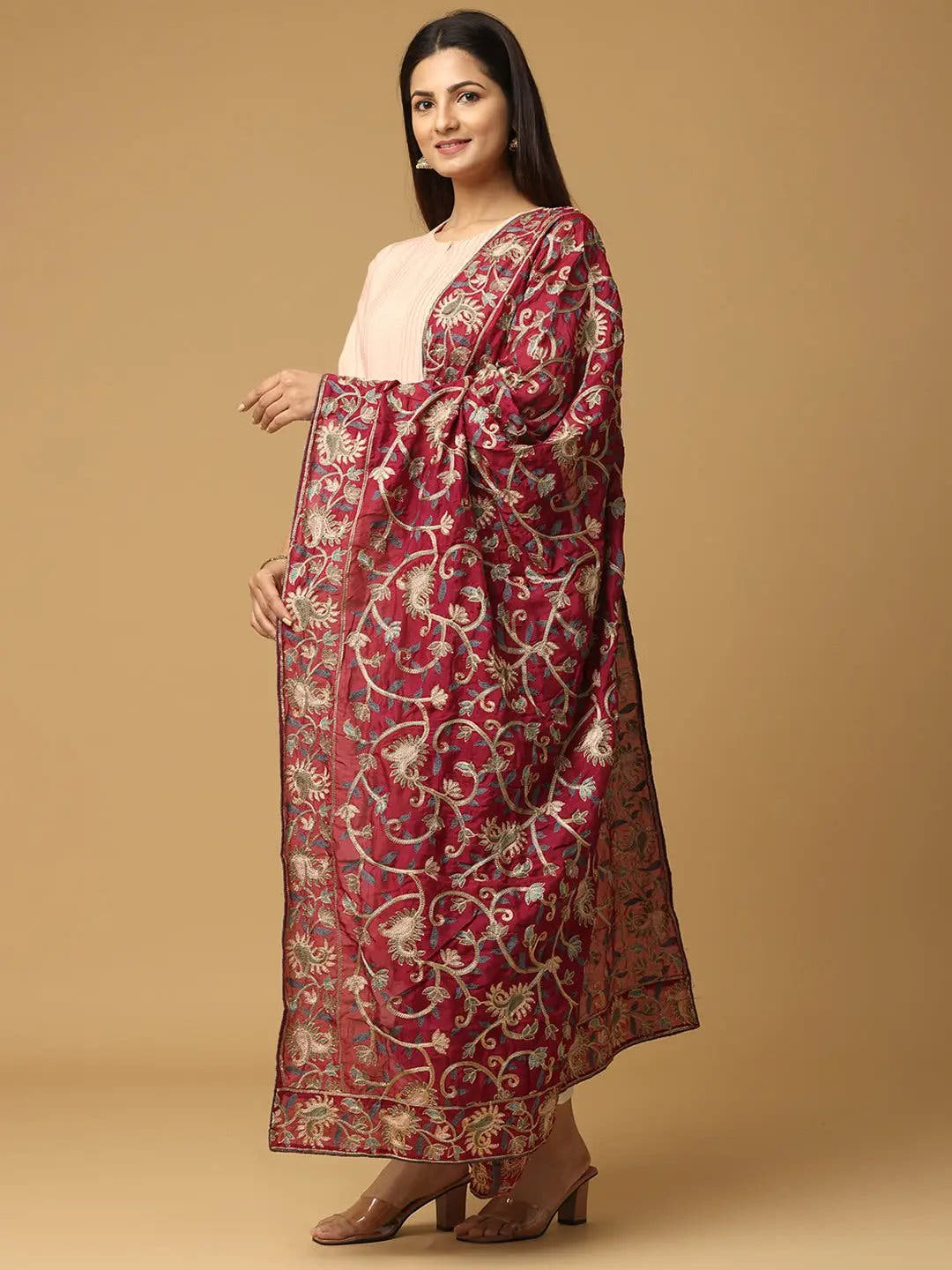 Wine Rich Floral Pashmina Dupatta