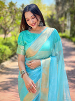 Turquoise Pure Viscose Organza Saree With Fine Gold Zari Weaving Border