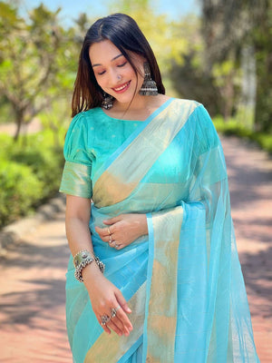 Turquoise Pure Viscose Organza Saree With Fine Gold Zari Weaving Border