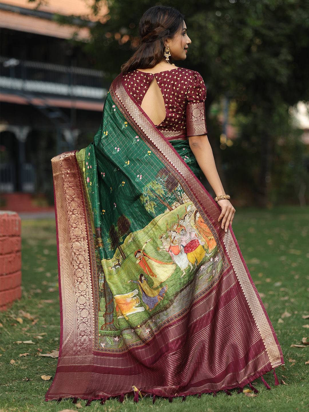Bottle Green Colour Pure Viscose Dola Silk Saree With Mughal Motifs - Luxe