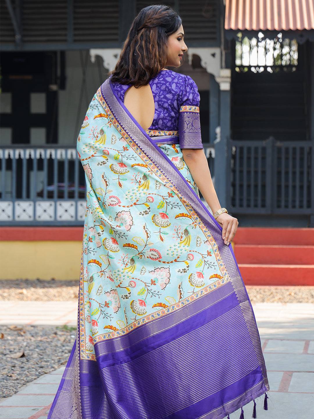 Sky Blue Colour Phulkari Design Zari Weaving Pallu Saree - Luxe