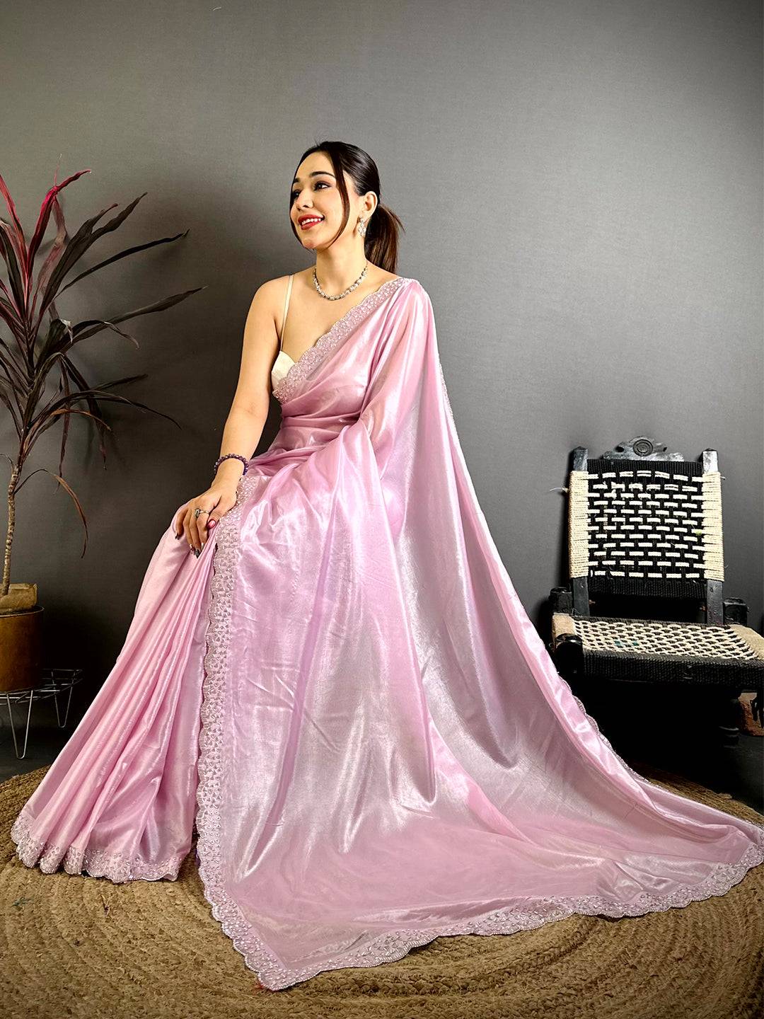 Radiant Silver Glass Stone Work Silk Saree