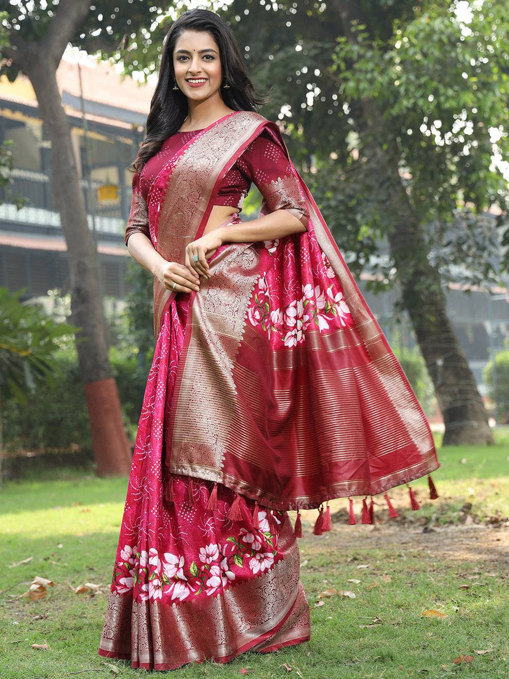 Pink Pure Viscose Dola Silk Saree With Floral Print Border - Luxe
