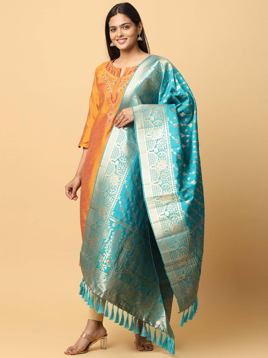 Latest Turquoise Colour Woven Design Silk Blend Dupatta