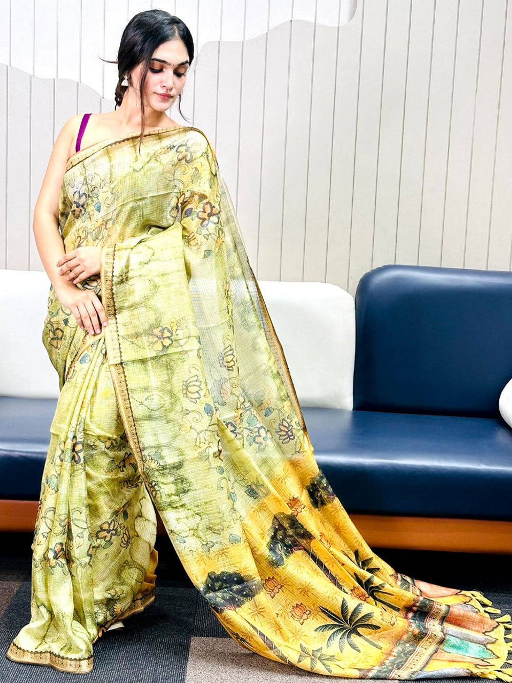 Light Green Kota Doriya Silk Saree With Floral Print