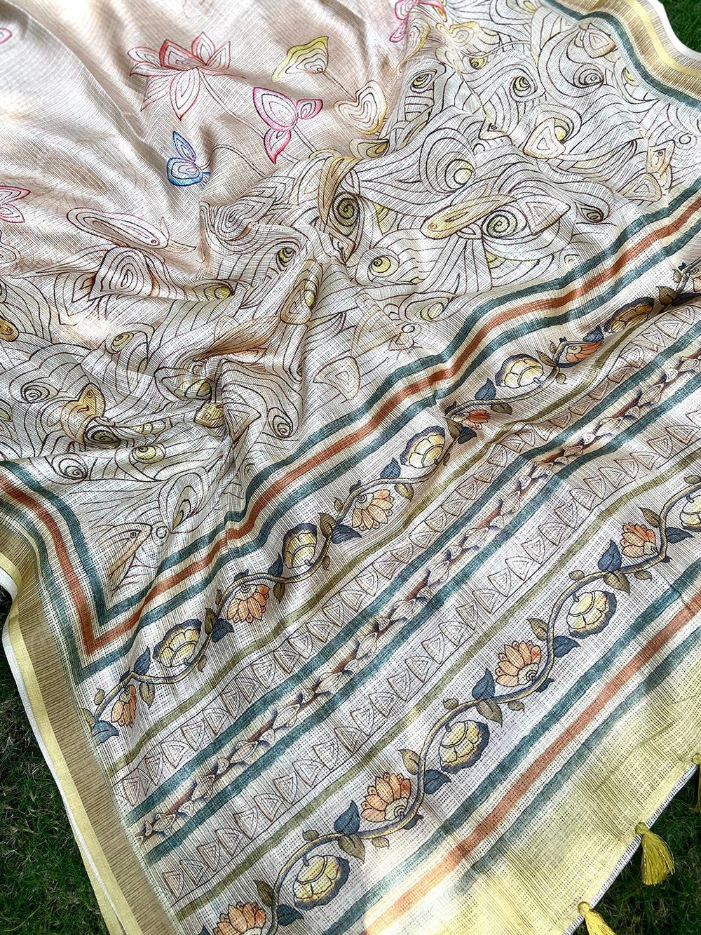 Yellow Soft Kota Doriya Silk Saree With Flower Kalamkari Print