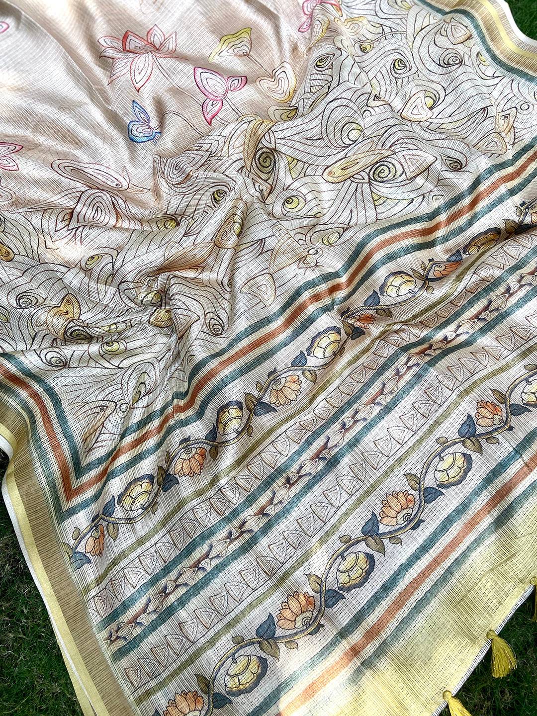 Yellow Soft Kota Doriya Silk Saree With Flower Kalamkari Print