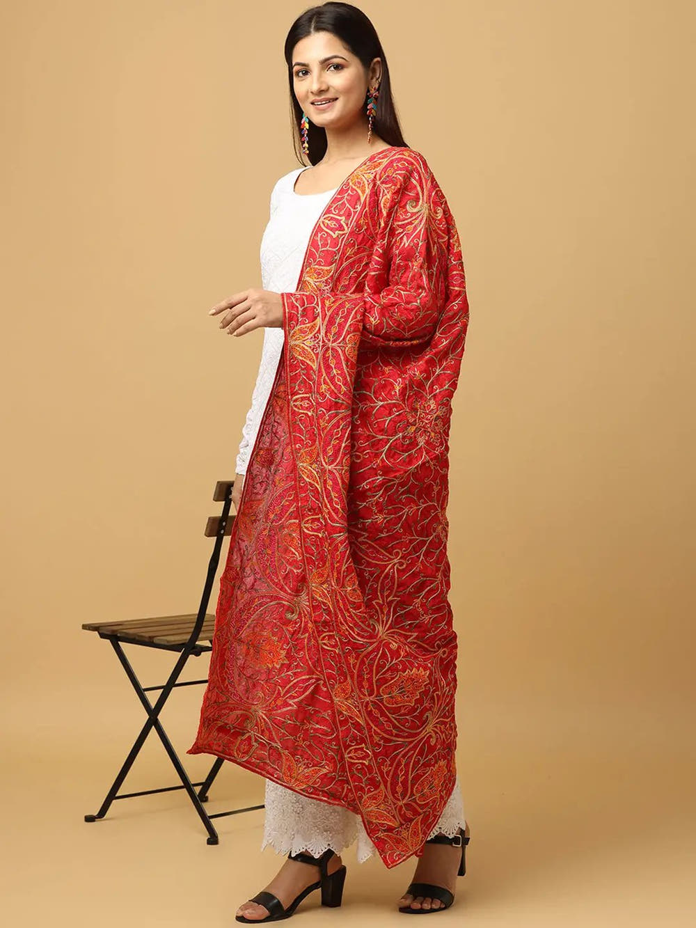 Red Fine Orange Floral Pashmina Dupatta