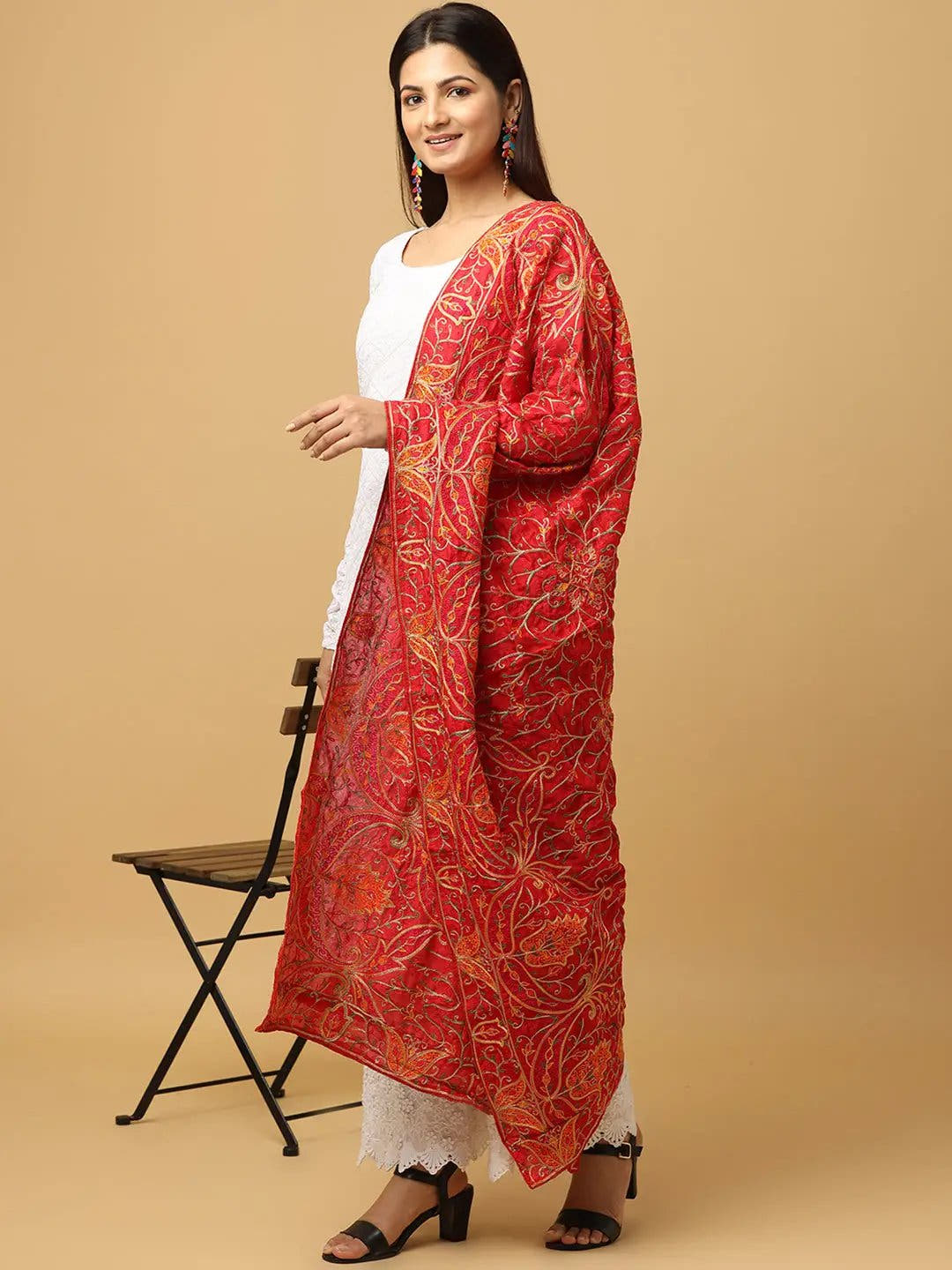 Red Fine Orange Floral Pashmina Dupatta