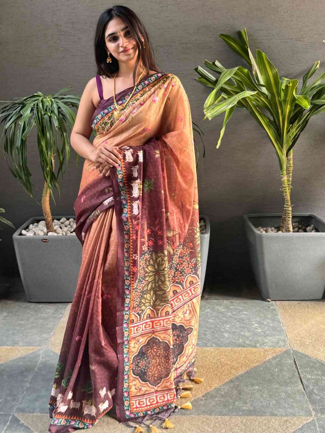 Soft Linen Ombre Pichwai Printed Wine Colour Saree