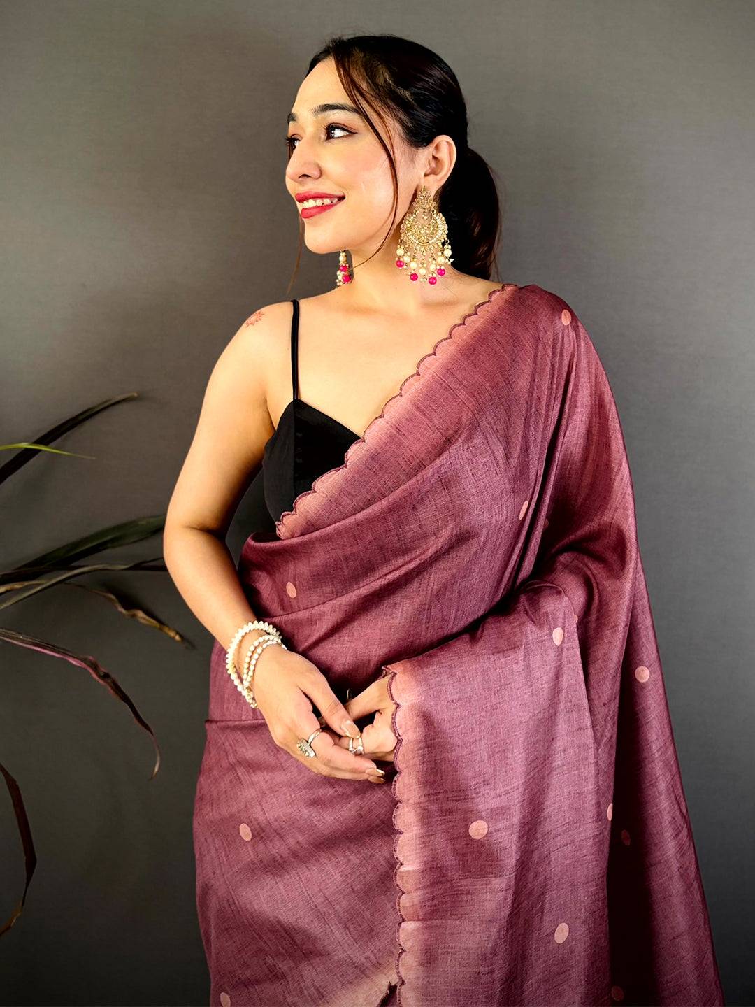 Radiant Wine Kalamkari Tussar Saree