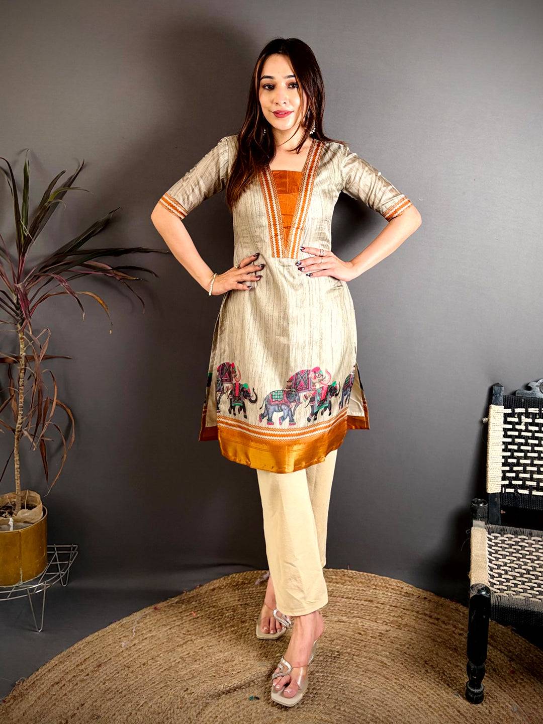 Soft Dola Silk Half V Neck Kurti