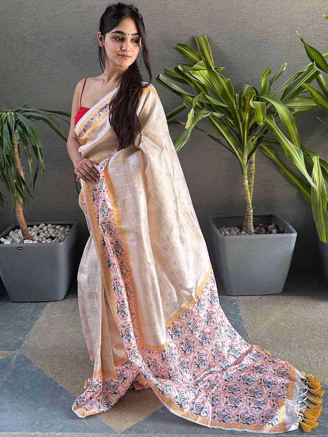 Cream Kanjivaram Weaving Patola Print Saree