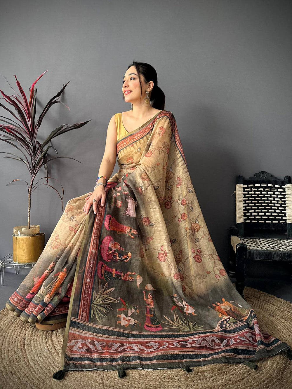 Artistic Pen Kalamkari Digital Linen Saree