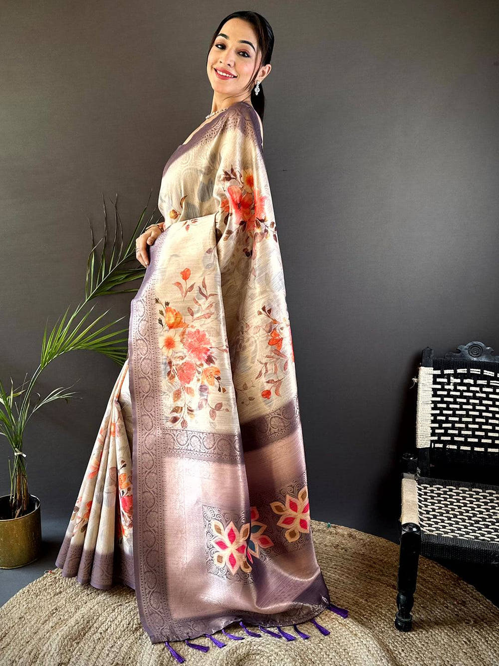 Ivory Slub Ghicha Placement Print Saree