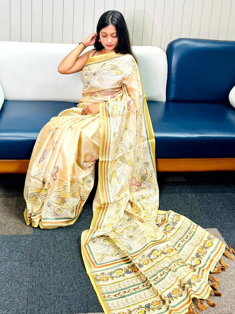 Yellow Kota Doriya Silk Saree With Floral Kalamkari Print
