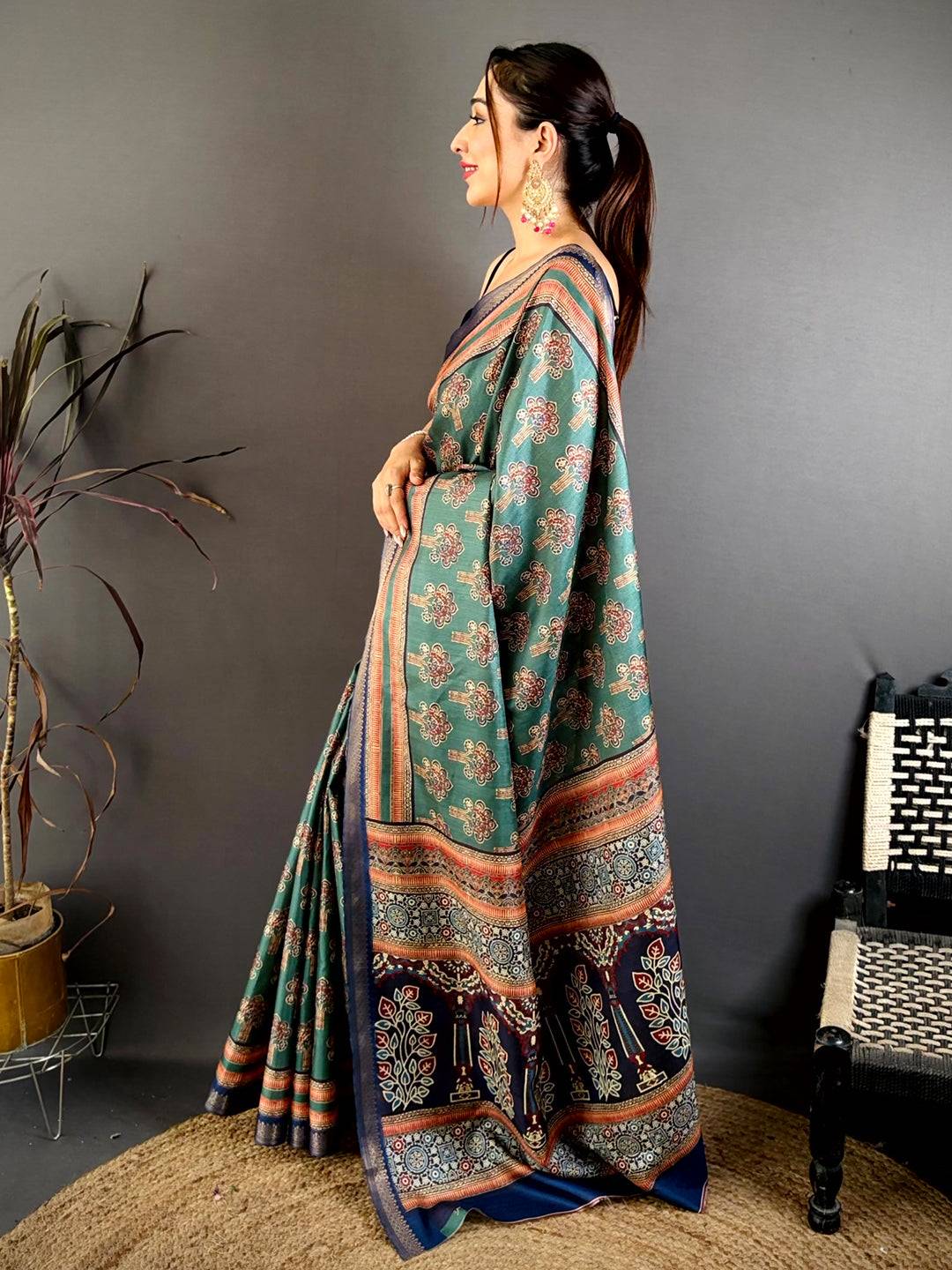 Regal Block Ajrakh Print Soft Tussar Saree