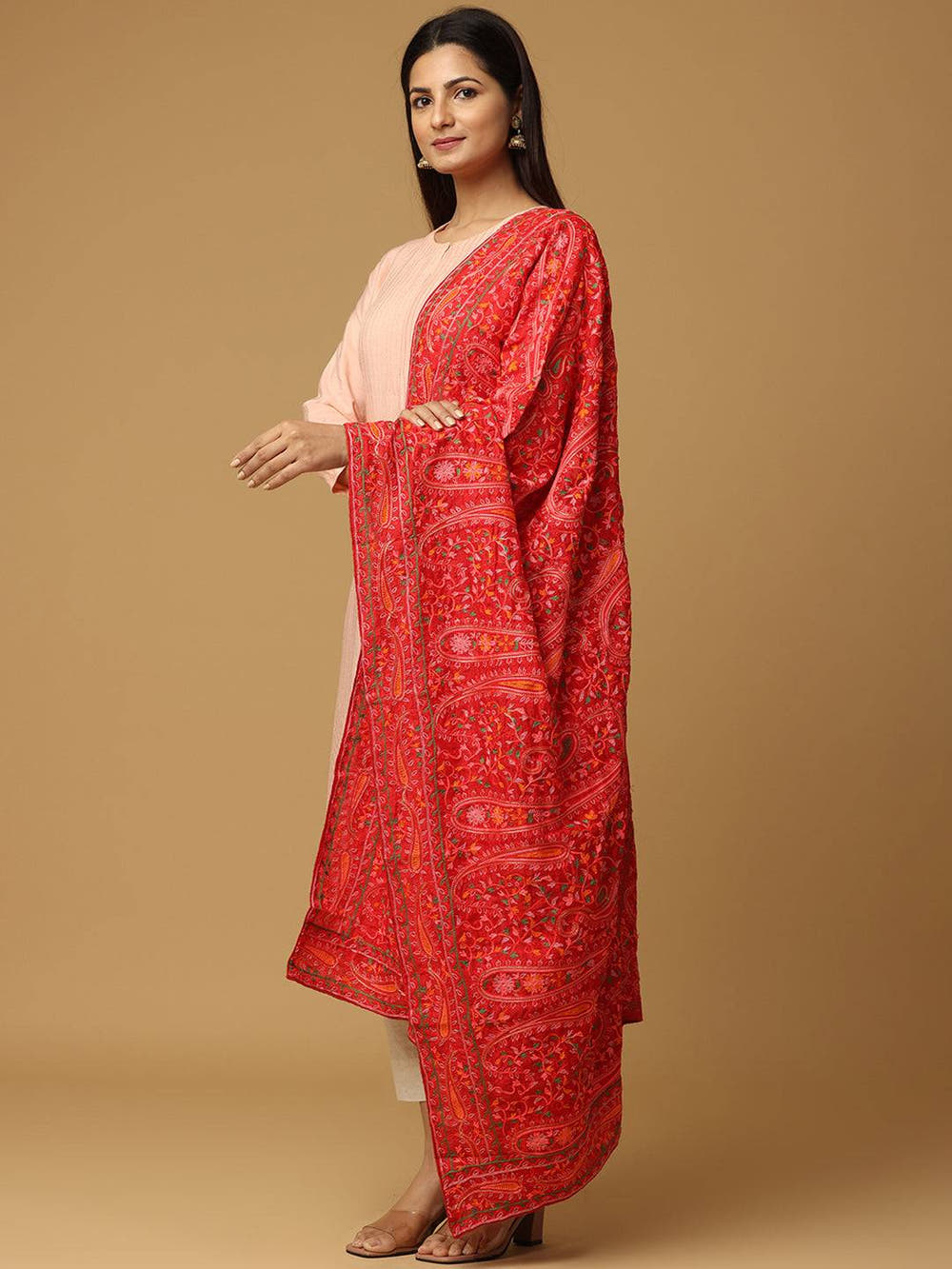 Red Fine Paisley Allover Pashmina Dupatta