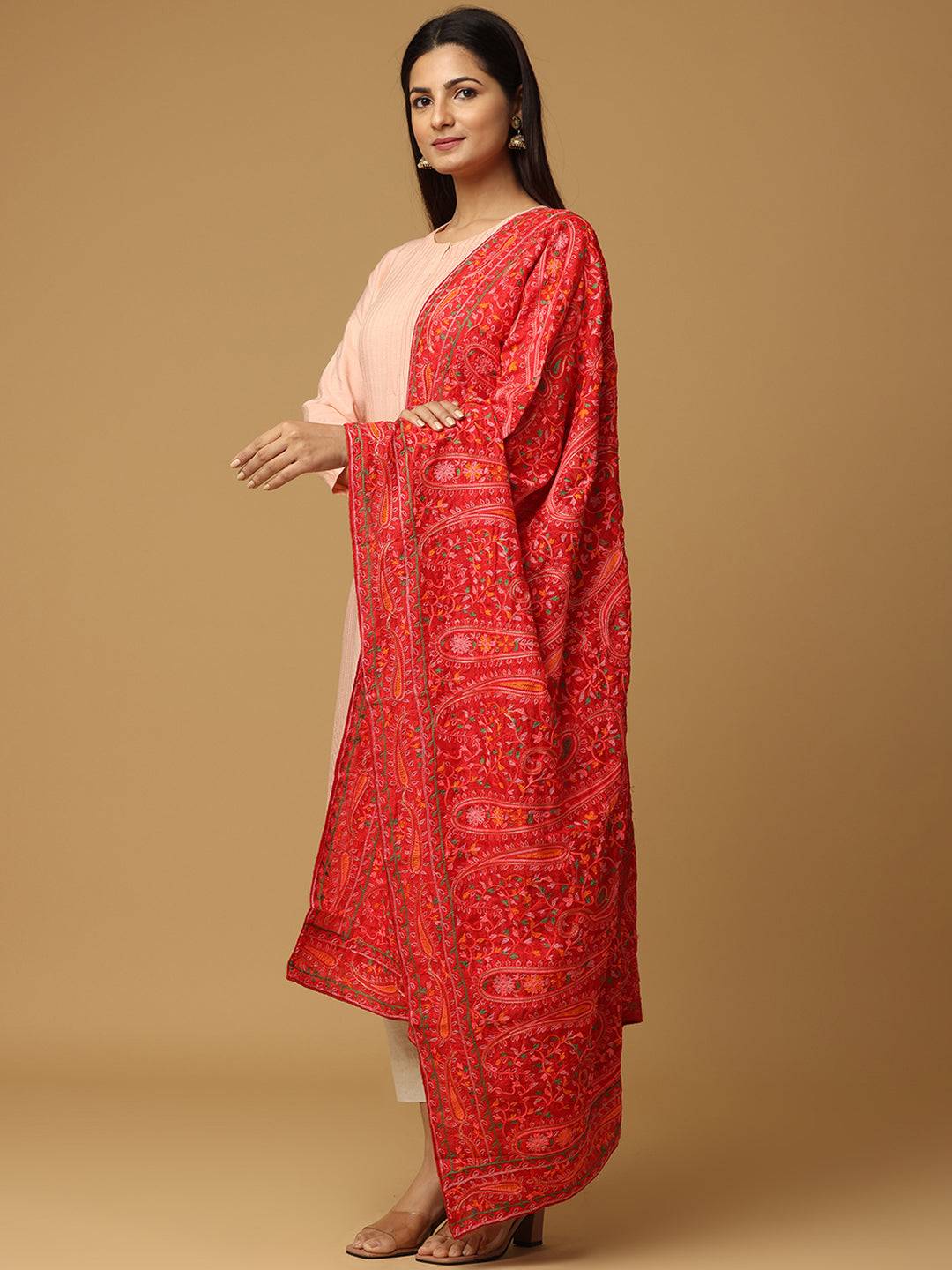 Red Fine Paisley Allover Pashmina Dupatta