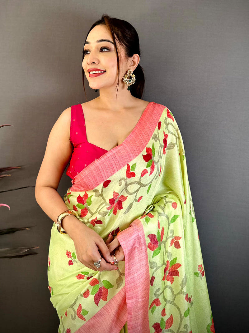 Jamdani Light Green Colour Floral Print Solid Saree
