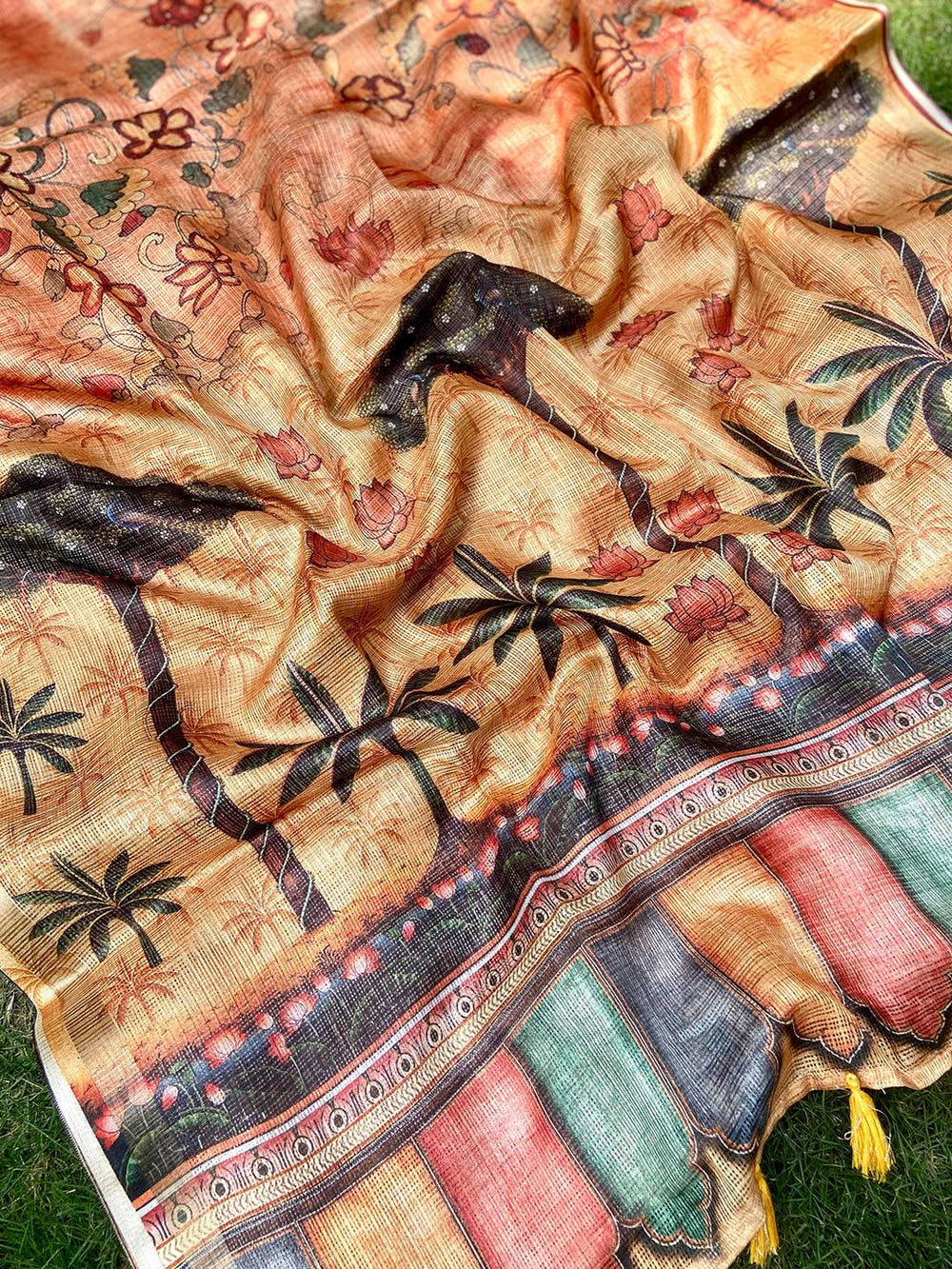 Orange Kota Doriya Silk Saree With Floral Print