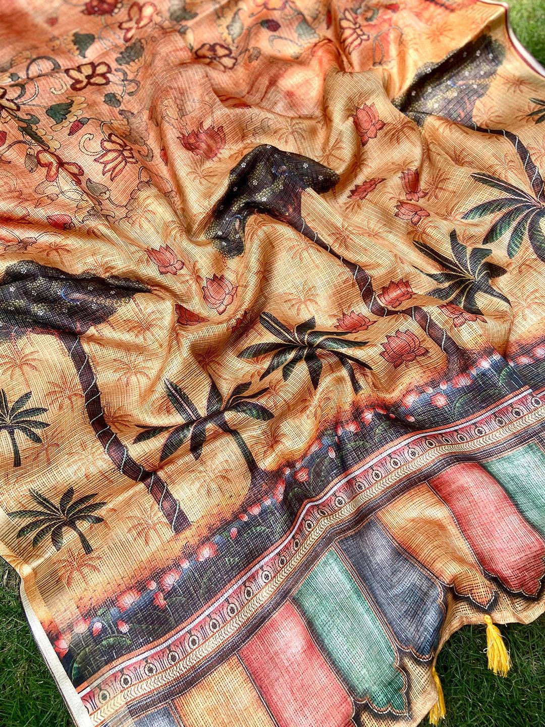 Orange Kota Doriya Silk Saree With Floral Print