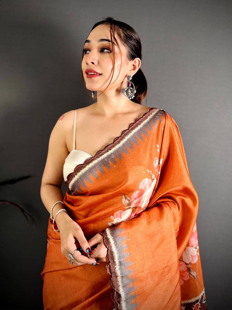 Rust Orange Tussar Ikkat Patola Saree
