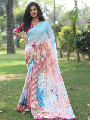 Satin Georgette Sky Blue Colour Hand Print Saree - Luxe