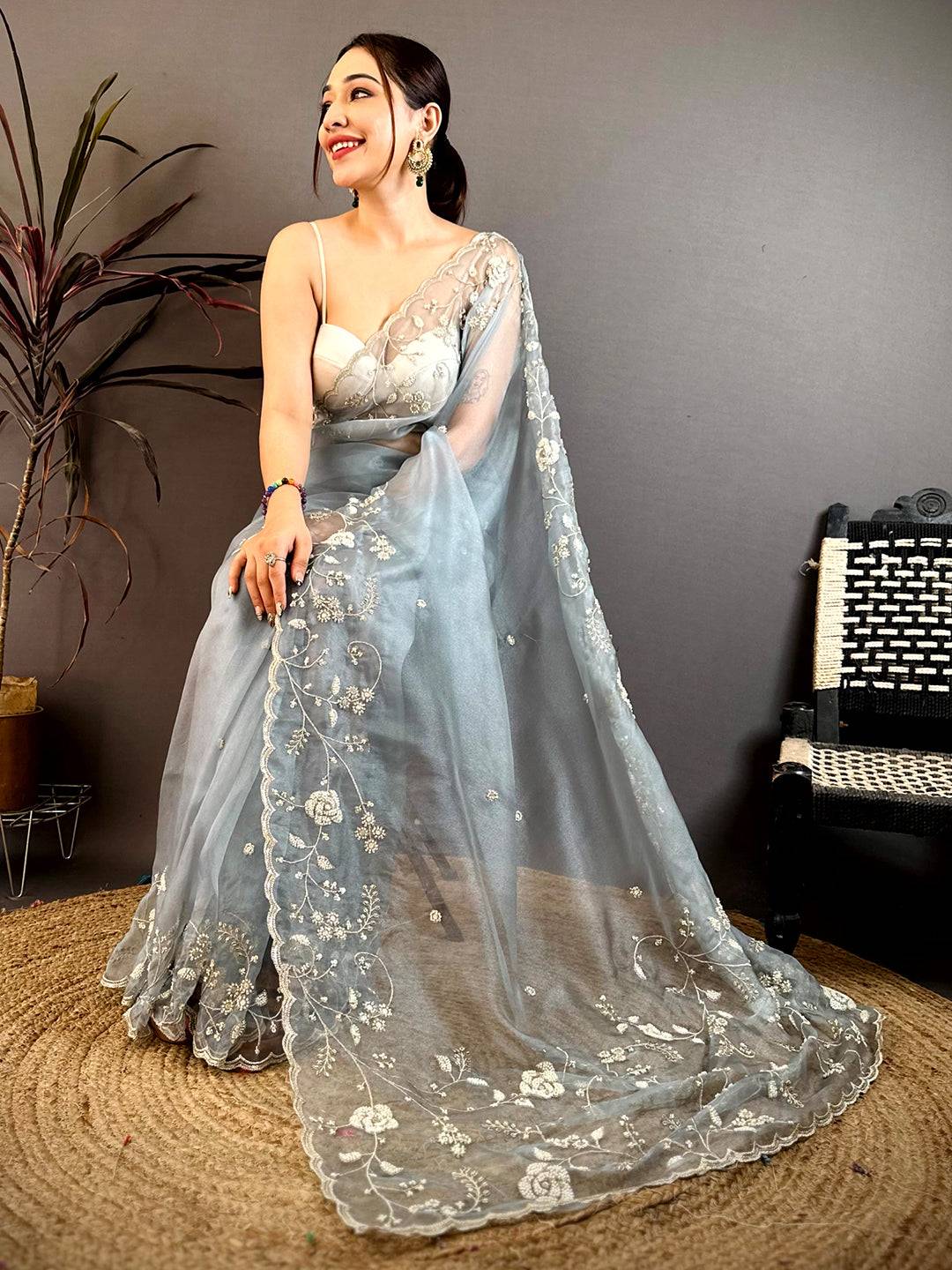 Opulent Pearl Embroidered Glass Organza Saree