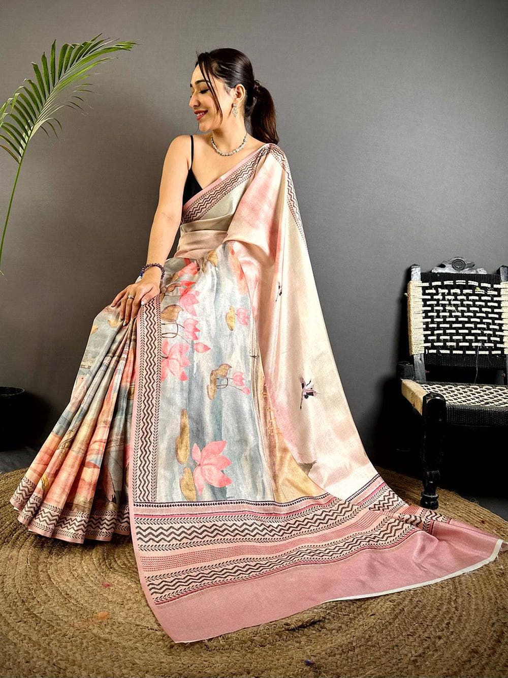 Opulent Water Theme Floral Tussar Saree