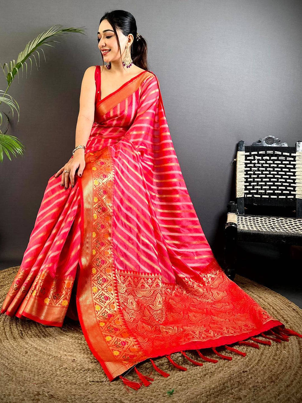 Pink Banarasi Lehriya Katan Silk Saree