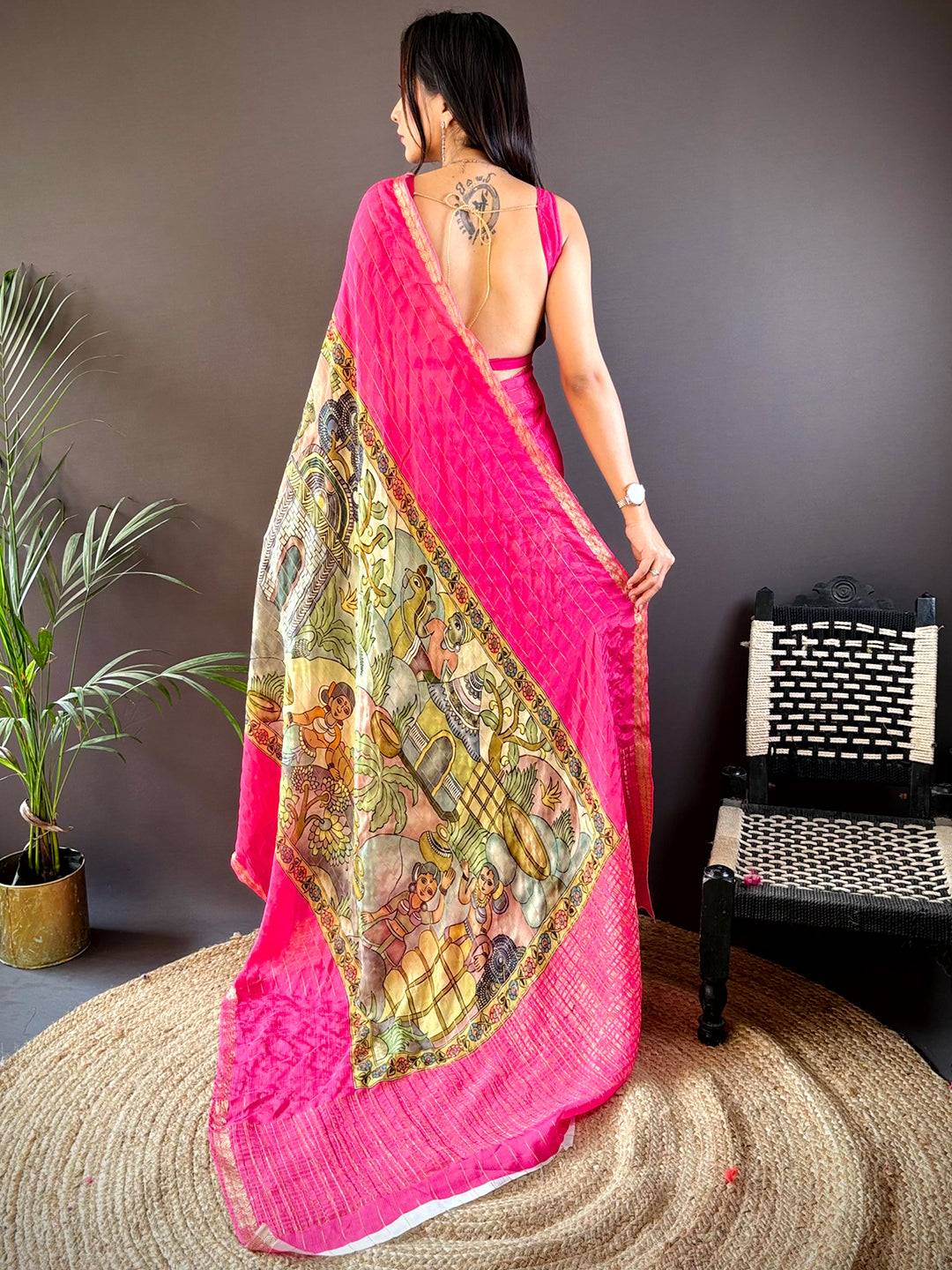 Pink Kalamkari Printed Viscose Chiffon Saree