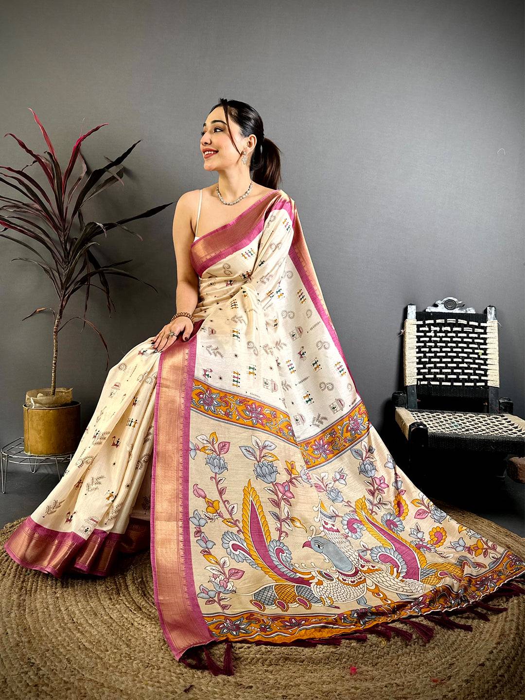 Pink Soft Dola Silk Warli Print Saree