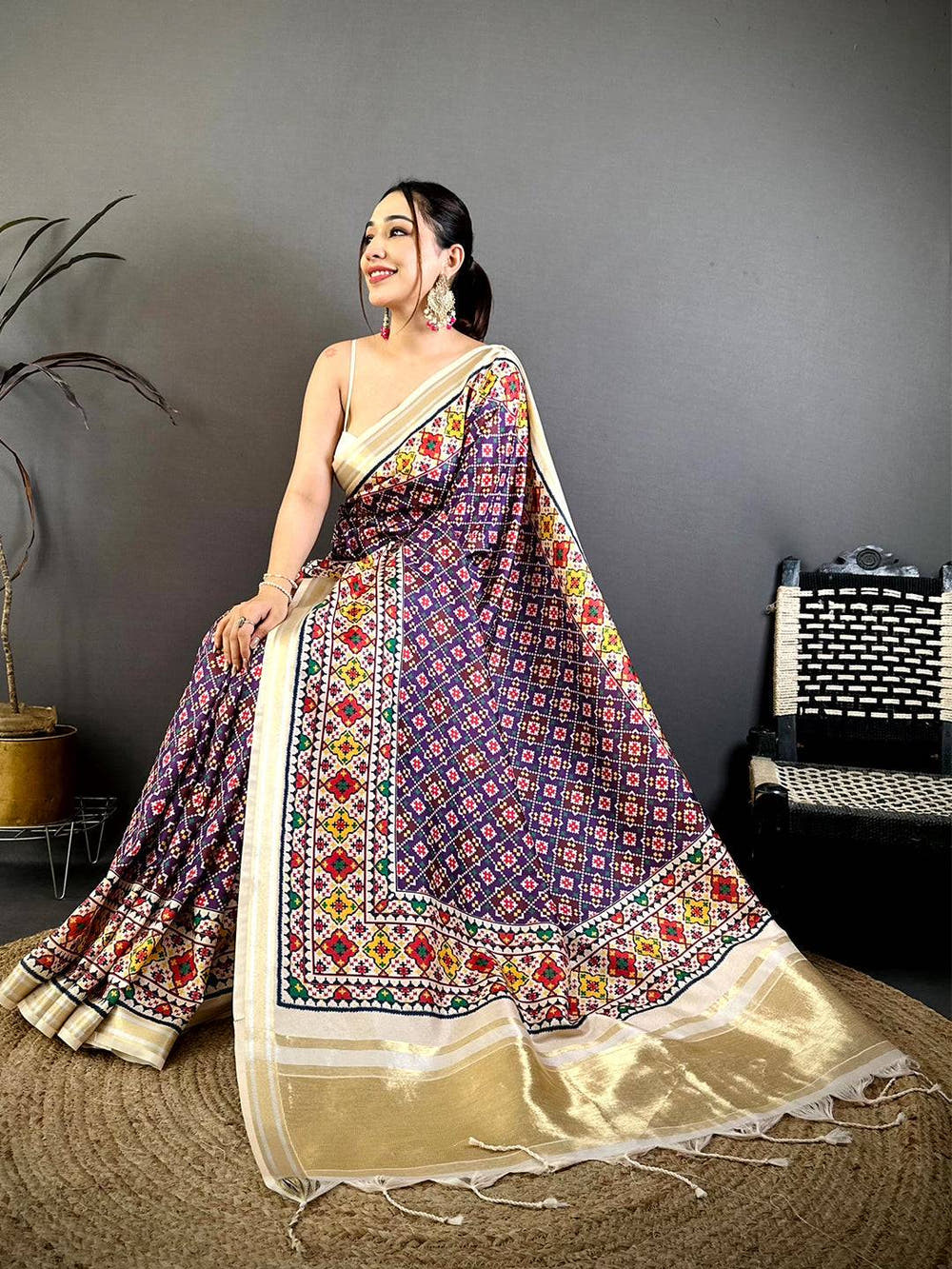 Purple Ethnic Digital Ikkat Kanchi Saree