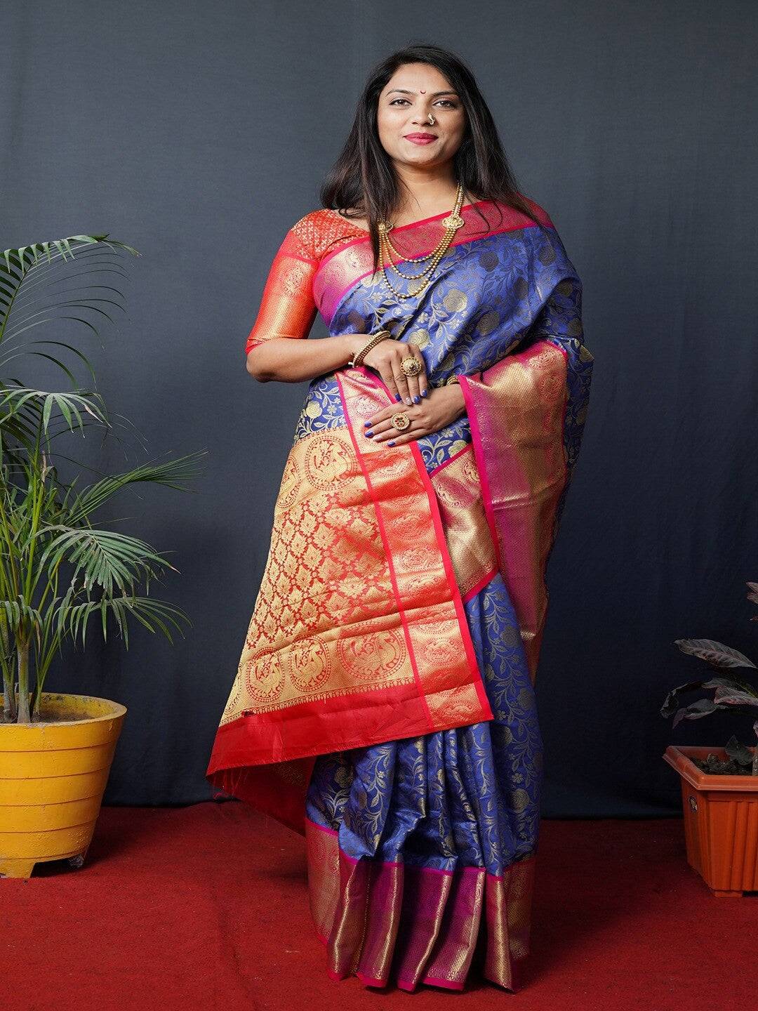 Royal Blue Floral Zari Banarasi Kanjivaram Silk Saree