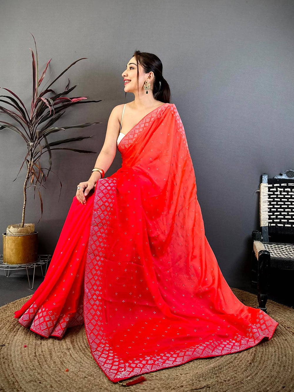 Stylish Satin Silk Stone Work Saree