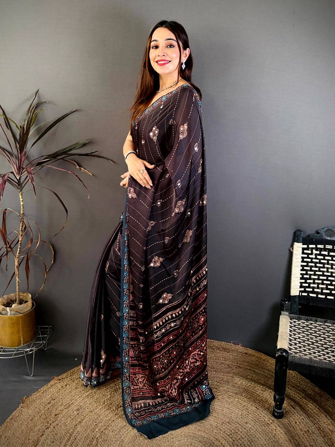Black Ajrakh Digital Printed Saree