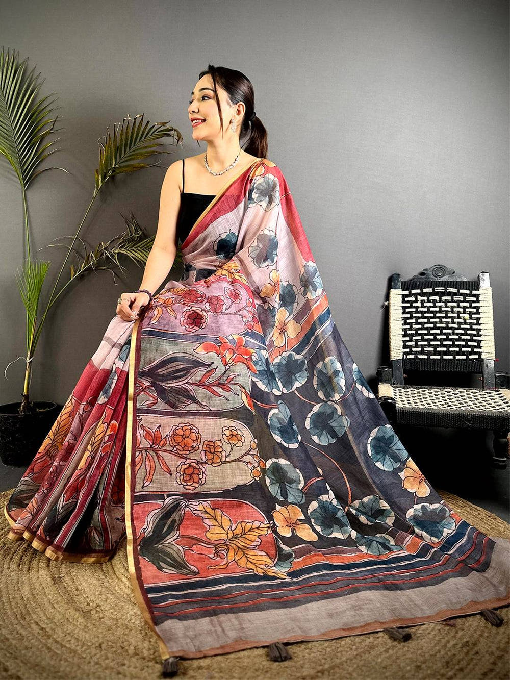Elegant Hand Block Floral Linen Saree