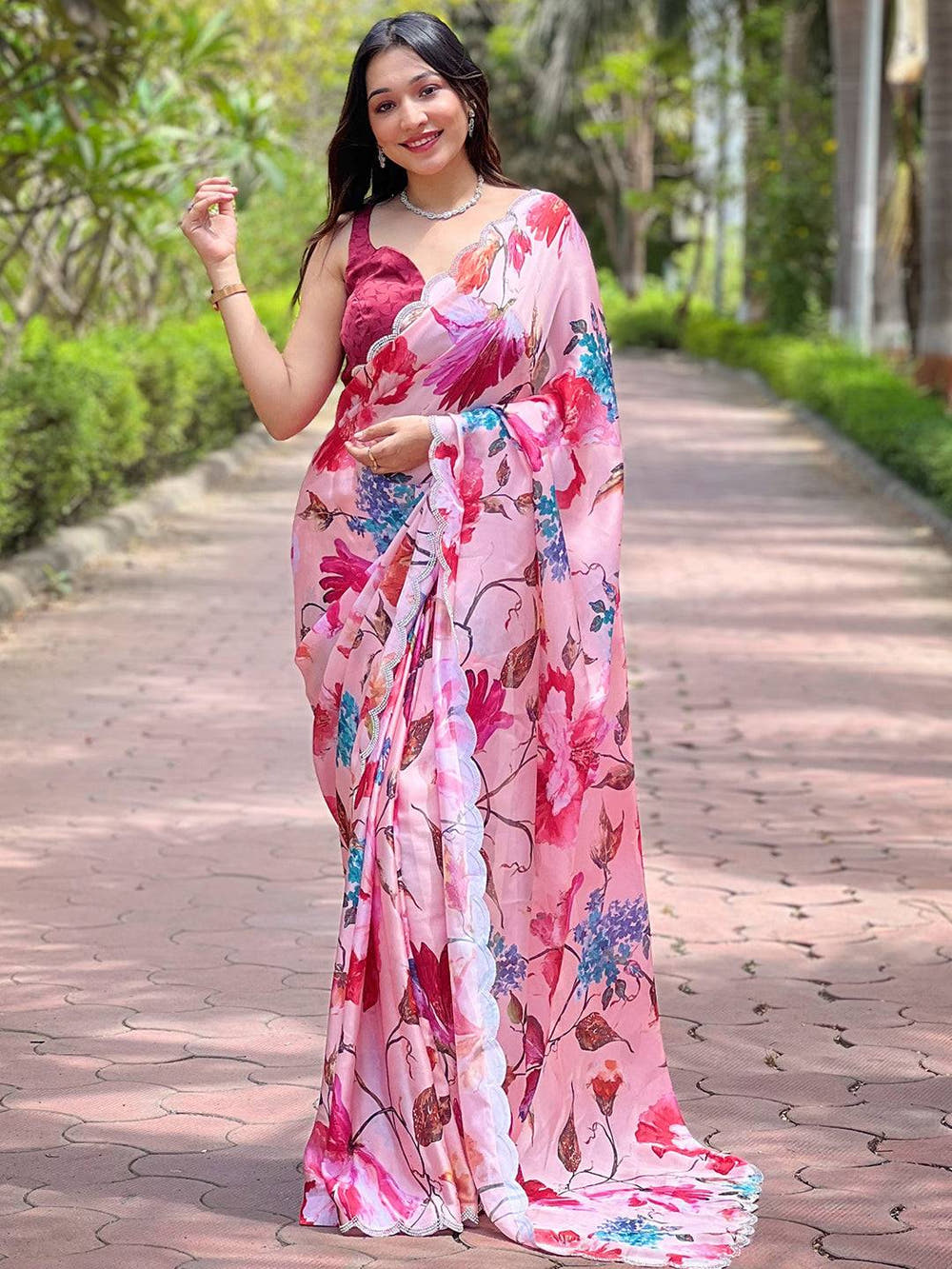 Peach Satin Georgette Floral Print Saree