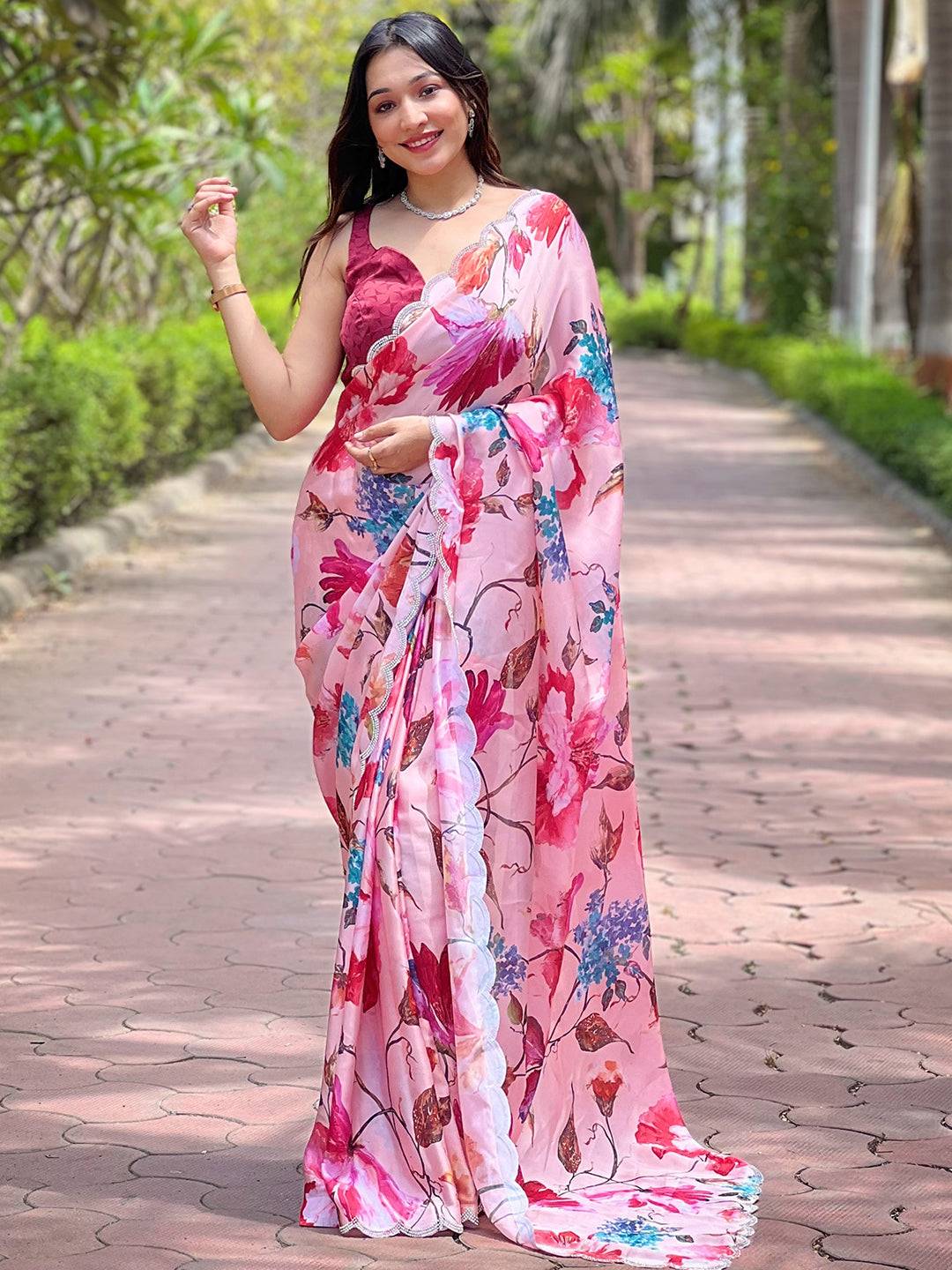 Peach Satin Georgette Floral Print Saree