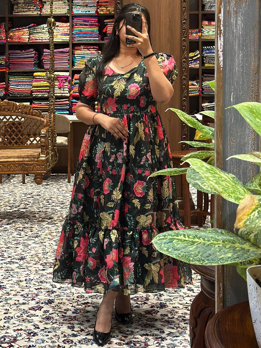 Revan Black Floral Print Midi Dress
