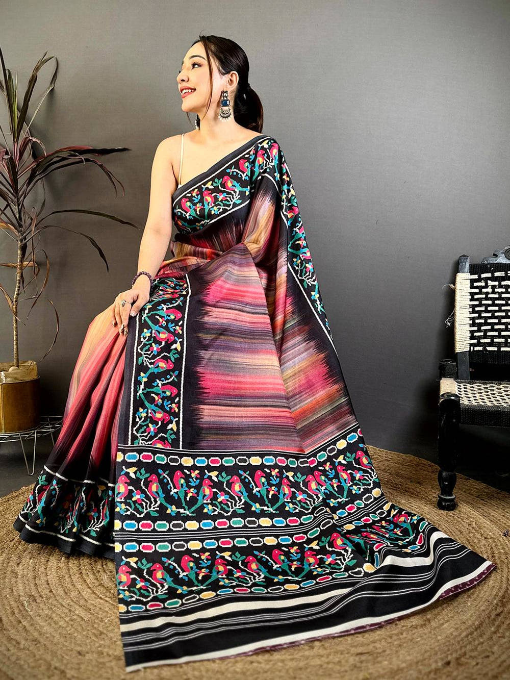 Regal Parrot Ikkat Print Tussar Saree